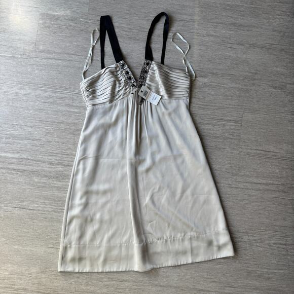Bcbgmaxazria Embellished Champagne Cocktail Dress NWT Size 12 Rhinestones V Neck - Picture 1 of 9